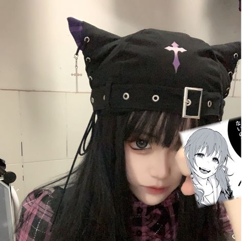 Black Beret Hat, Cat Ear Hat, Kawaii Punk, Gothic Cat, Pastel Goth Aesthetic, Cat Ears Hat, Harajuku Punk, Black Beret, Extreme Fashion