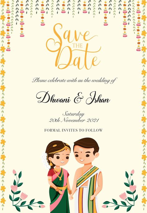 Wedding Card South Indian, Save The Date South Indian Wedding, South Indian Wedding Card Template, South Indian Wedding Invite Template, South Indian Wedding Illustration, Save The Date Templates Indian, South Indian Wedding Invitation Cards, E Wedding Invitations, Save The Date Ideas For Weddings