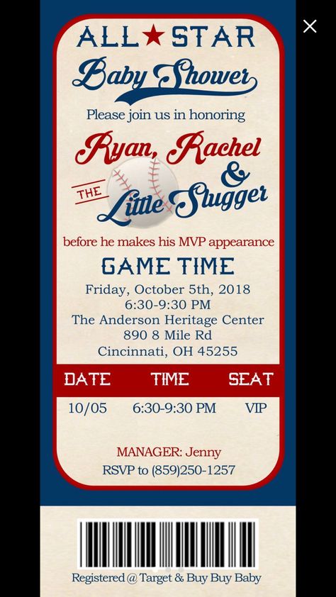 Baby Shower Baseball Ticket Invitation - Little Slugger Baseball Ticket Invitation, Baseball Party Invitations, All Star Party, Baseball Baby Shower Invitations, Baseball Invitations, Admit One Ticket, Star Birthday Party, Baseball Ticket, Thank You Party