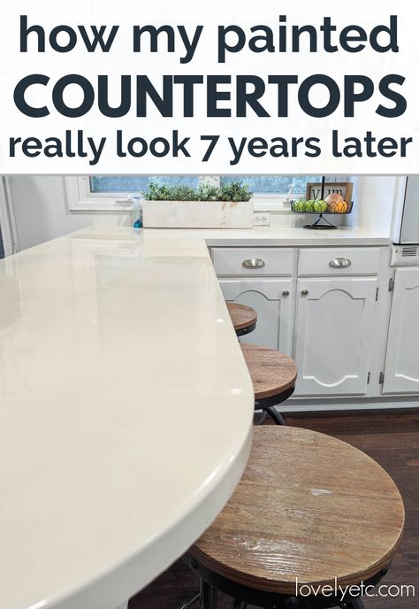 It's been seven years since I painted my ugly laminate countertops and I'm sharing all the details of how they've really held up and how they look now. Come find out if painted laminate countertops are actually a real option for updating your kitchen on a budget. White Epoxy Countertop, Painted Laminate Countertops, Painted Countertops Diy, White Laminate Countertops, Painting Bathroom Countertops, Painting Laminate Countertops, Painting Kitchen Countertops, Kitchen Countertops Laminate, Painting Laminate