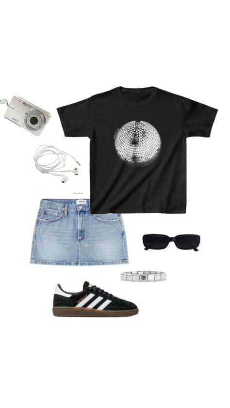 @juuless__ outfit inspiration summer look Copenhagen style Stockholm style adidas spezial black jeansskirt inprintwetrust T-shirt mirrorball Adidas Spezial Black, Style Stockholm, Stockholm Style, Adidas Spezial, Copenhagen Style, Adidas Outfit, Stockholm Fashion, Summer Look, Black Adidas