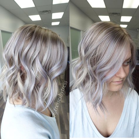 Silver lavendar purple balayage bob Icy Blonde Lavender Hair, Hair Suite, Icy Hair, Balayage Hair Blonde Short, Balayage Hair Copper, Balayage Hair Blonde Long, Purple Balayage, Ash Blonde Hair Colour, Balayage Bob