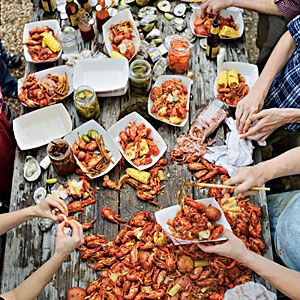 Texas-Style Crawfish Boil | Roll up your sleeves and crank the music for the South's ultimate springtime feast. Chef Tim Byres celebrates crawfish season with a Texas-style Seafood Boil Table, Crawfish Boil Party Decorations, Shrimp Boil Party, Crawfish Party, Seafood Boil Party, Chef Tim, Crawfish Boil Party, Crawfish Recipes, Country Boil