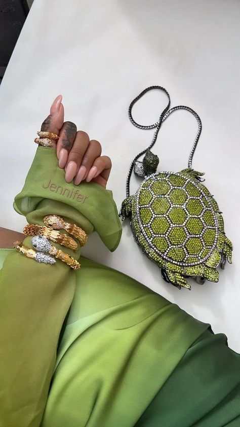 Embellished Bags, Green Turtle, Crystal Bags, Luxury Purses, Pretty Bags, Nail Shop, Bangle Set, Aesthetic Hair, Fashion Pictures