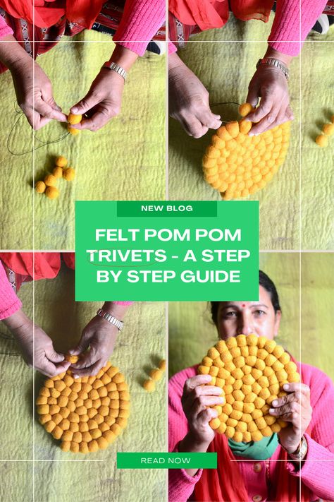 "Learn how to create your own unique felt ball trivets with our step-by-step guide! These colorful and fun trivets are perfect for protecting your surfaces and adding a pop of color to your kitchen. Follow the instructions in the post and make your own felt pom pom trivets today! #feltballtrivet #DIYtrivet #feltpompomtrivet #handmadehome #homedecor #kitchendecor" Felted Ball Trivet, Felt Pom Pom Crafts, Felted Wool Trivet Diy, Felt Balls Crafts, Felt Ball Coasters Diy, Wool Felt Coasters Diy, Felt Ball Trivet, Felt Ball Trivet Diy, Needle Felted Coasters Diy