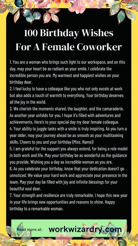 100 Birthday wishes for female coworker that make her feel special 2 Work Friends Quotes, Sweet Happy Birthday Messages, Colleagues Quotes, Birthday Wishes For Coworker, Birthday Msg, 100 Birthday, Coworkers Birthday, Make Her Feel Special, Birthday Card Sayings