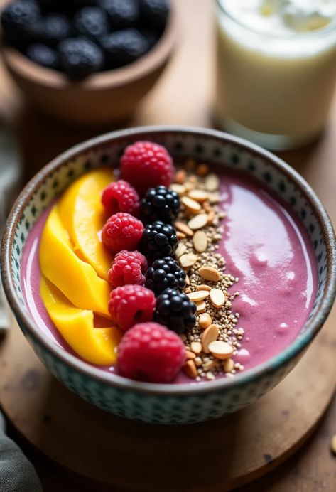 Vibrant berry smoothie bowl topped with mango slices, raspberries, blackberries, almonds, flaxseeds, and creamy yogurt on a wooden table. Mixed Berry Smoothie Bowl, Yogurt Making, Berry Smoothie Bowl, Mango Slices, Energizing Breakfast, Creamy Yogurt, Mixed Berry Smoothie, A Healthy Breakfast, Fresh Raspberries