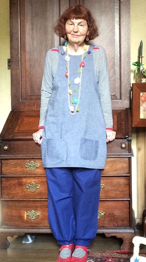 Self drafted denim pinafore dress with slacks in blue poplin New Look 6354 Old Lady Halloween Costume, Old Lady Clothes, Old Lady Dress, Julie Arkell, Lady Clothes, Denim Pinafore Dress, Denim Pinafore, Grandma Fashion, Swimsuit Bottoms