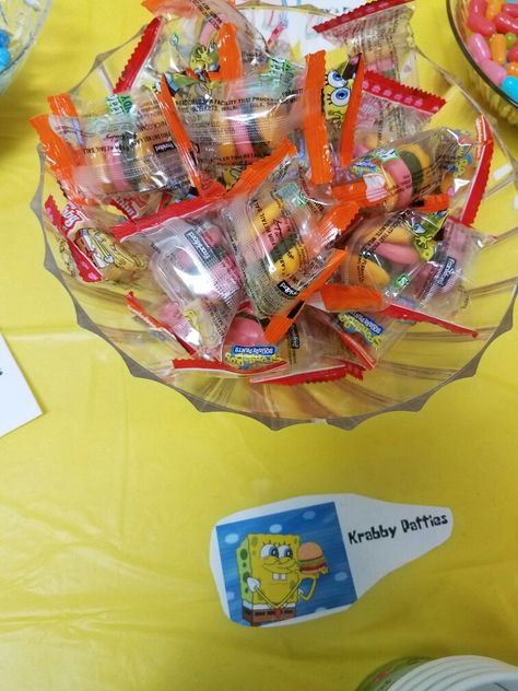 Spongebob Themed Party Favors, Sponge Bob Party Food Ideas, Spongebob Candy Table, Spongebob 24th Birthday, Spongebob Party Foods, Spongebob Theme Party 25, Spongebob Party Snacks, Spongebob Birthday Party Adult, Spongebob First Birthday Party