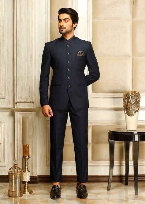 Indian Coat For Men, Groom Coat Pant Design, Navy Blue Bandhgala Suit, Jodhpuri Bandhgala Suits, Navy Blue Jodhpuri Suit Men, Bandgala Suit For Men, Jodhpuri Mens Suit, Prince Coat Design For Men, Coat Pant For Men Suits Wedding Mens Fashion