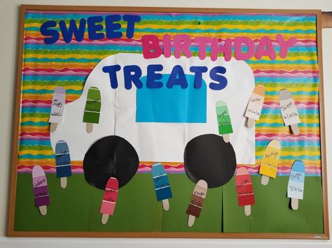 Summer Birthday Bulletin Board Ideas, August Birthday Bulletin Board Ideas, Summer Birthday Bulletin Boards, Summer Birthday Boards Classroom, August Birthday Board Ideas, Birthday Popsicles, Birthday Bulletin Board, Kindergarten Bulletin Boards, Birthday Board Classroom