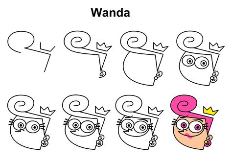 Step-by-step tutorial to draw Wanda from The Fairly OddParents How To Draw Elmo Step By Step, Easy Disney Drawings Step By Step, Easy Cartoon Drawings Step By Step, Character Nail Art Step By Step, Easy Cartoon Characters, Cute Drawings Of Love, Wrist Tattoo Designs, Disney Character Drawings, Easy Disney Drawings