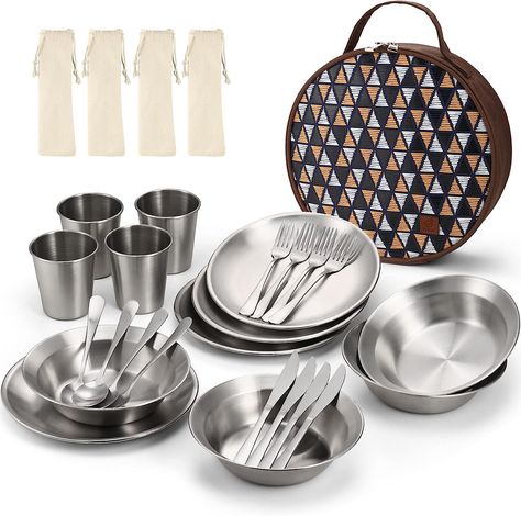 Odoland Camping Complete Messware Kit, Polished Stainless Steel Camp Dinnerware, Camping Cooking Tableware, Cutlery Organizer Utensil with Plates and Bowls Set for Backpacking, Hiking, Picnic Mess Kit Camping, Camping Dinnerware, Camping Cooking Utensils, Cutlery Organizer, Camping Cutlery, Fork Spoon Knife, Mess Kit, Hiking Picnic, Camping Cooking