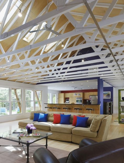 Ceiling Trusses Exposed, Roof Truss Design Exposed Beams, Open Truss Ceiling Exposed Rafters, Exposed Roof Trusses Ceilings, Montana Interior, Truss Ceiling, Ceiling Trusses, Cozy Bookstore, Exposed Ceiling