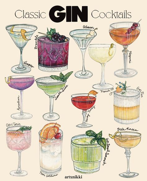 Classic Gin Cocktails Chart watercolor part print features various classic gin cocktails, all labeled with the cocktail name! Includes: Vesper, Bramble, Gibson, French 75, Negroni, Aviation, South Side, Hanky Panky, Gin Fizz, Gin & Tonic, Tom Collins, Gin Basil Smash, Bee's Knees It is printed on a cold press, watercolor textured paper. Acid free, archival, and very sturdy with a matte finish. They are quickly shipped in both a plastic protective sleeve and a rigid mailer to ensure its safety du Drink Recipes Aesthetic, Gin Basil Smash, Basil Smash, Classic Gin Cocktails, Cocktail Prints, Cocktail Names, Cocktail Ideas, French 75, Gin Cocktail