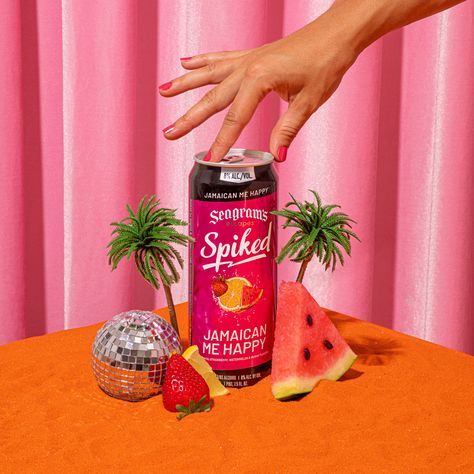 Watermelon Drink Photography, Beverage Photography Ideas Creative, Beverage Can Photography, Product Photography Gif, 80s Product Photography, Summer Drink Photography, Retro Product Photography, Drink Advertising Design, Summer Product Photography