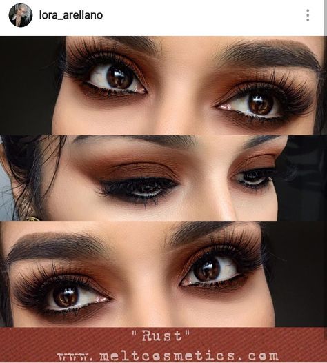 Rust Eyeshadow, Colour Pop Makeup, Rust Colored Dress, Melted Makeup, Pop Makeup, Rust Color Dress, Gold Eyeliner, Orange Lipstick, Eyeshadow For Brown Eyes