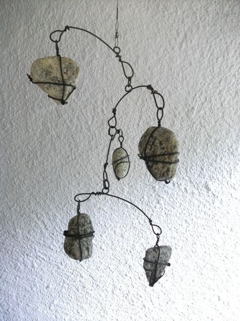 Beach stone Mobile by CharestStudios | projects to think on Stone Mobile, Mobile Art, Kinetic Art, Sculpture Metal, Beach Stones, Wire Sculpture, Wire Crafts, Nature Crafts, Rock Crafts