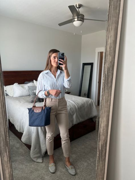 Beige Buttoned Pants For Work, Classic Beige Fall Loafers, Chic Beige Loafers For Work, Khaki Straight-leg Dress Pants For Business Casual, Chic Beige Loafers For Business Casual, Pants With Loafers, Nude Loafers Outfit, Loafers Outfit Work, Loafers Outfit