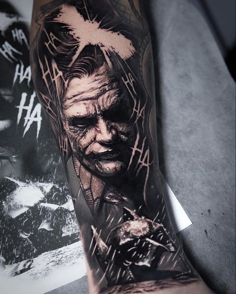 Joker tattoo Joker Rib Tattoo, Cool Inner Bicep Tattoo Men, The Joker Tattoo Heath Ledger, Joker Shoulder Tattoo, Villain Tattoo Sleeve, Joaquin Phoenix Joker Tattoo, Joker Tattoo Drawing, The Joker Tattoo Ideas, Batman Who Laughs Tattoo