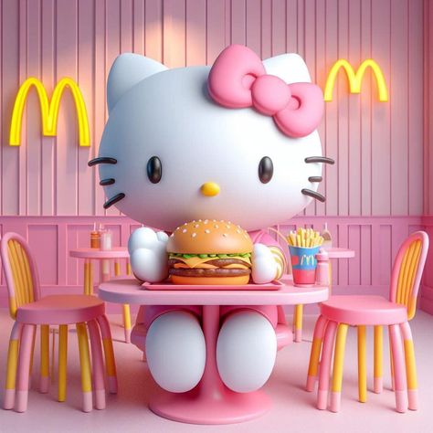 Cute Mcdonalds, Kitty Christmas Wallpaper, Hello Kitty Christmas Wallpaper, Hello Kitty Eating, Hello Kitty Funny, Hello Kitty Mcdonalds, Pink Hello Kitty Wallpaper Iphone, Sanrio Christmas, Teddy Bear Wallpaper