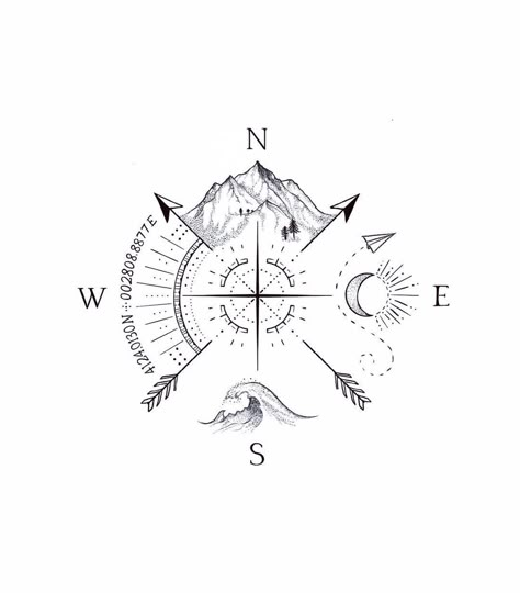 Outdoor Adventure Tattoos, Outdoorsy Tattoos Nature, Compass Tattoo Simple, Compas Tattoo, Sticker Tattoo Ideas, Geometric Compass Tattoo, Simple Compass Tattoo, Compass Tattoos, Adventure Tattoo