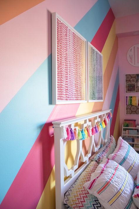 Creating Colorful Kids Rooms with Curator - The Sensible Shopaholic Rainbow Painted Walls Kids Rooms, Rainbow Accent Wall, Rainbow Room Kids, Rainbow Bedroom, Bedroom 2024, Home Decor Wallpaper, Colorful Kids Room, Big Girl Bedrooms, Toddler Girl Room