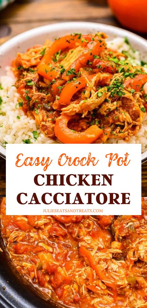 A flavorful Italian-style dish you can make in the slow cooker! Crock Pot Chicken Cacciatore is an old favorite. Filled with shredded chicken, tomatoes, peppers, and onions, this recipe is perfect for a quick and easy dinner. Serve over rice for a healthy and hearty meal! Crock Pot Chicken Cacciatore, Crockpot Chicken Cacciatore, Chicken Peppers And Onions, Crockpot Favorites, Dinner Crockpot, Chicken Tomatoes, Slow Cooker Shredded Chicken, Cacciatore Recipes, Italian Meals