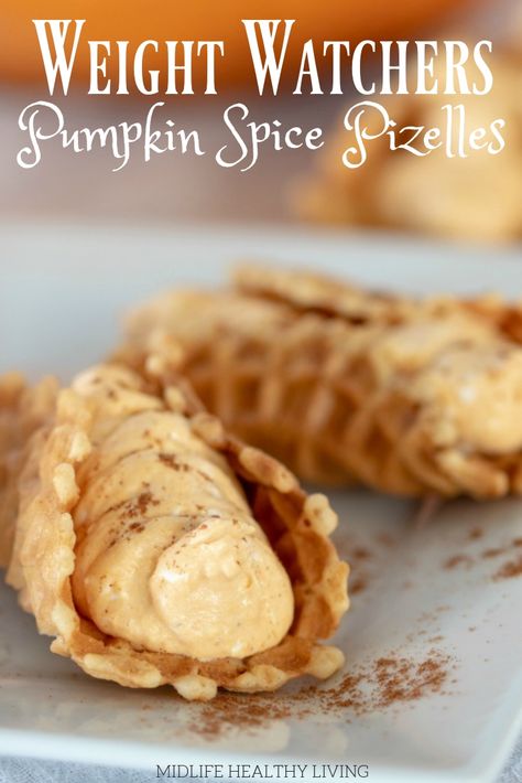 This delicious recipe is perfect as a light Fall dessert!   These Weight Watchers Pumpkin Spice Pizelles are simple to make, quick and delicious. There is only 3 Weight Watchers Freestyle Smart Points in each cookie! via @midlifehealthyliving Light Fall Desserts, Weight Watchers Pumpkin, Pizzelle Cookies, Pizzelle Recipe, Light Fall, Thanksgiving Meal, Ww Desserts, Weight Watchers Desserts, Bake Dessert