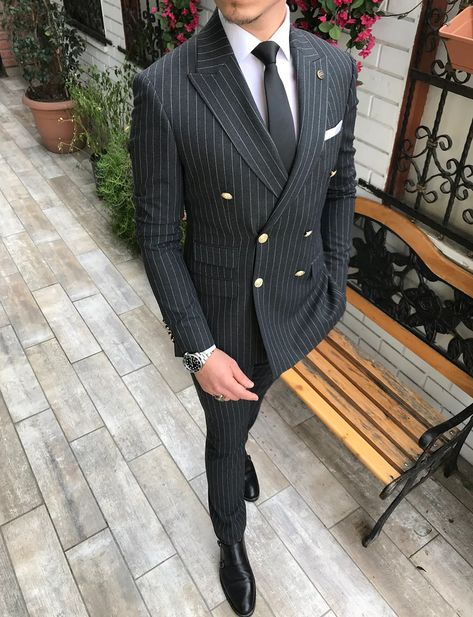 Strip Suit Men, Black Double Breasted Suit, Grey Suit Vest, Dress Suit Vest, Blazer Pants Set, Tuxedos Wedding, White Wedding Suit, Prom Suits For Men, Prom Tuxedo