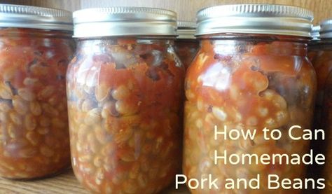 Homemade pork and beans. Inexpensive (pennies per jar!), easy, and can be stored in your pantry for a year or more. Homemade Pork And Beans, Canning Pork, Pork And Beans Recipe, Canning Meals, Canning Beans, Canned Baked Beans, Pork And Beans, Food Preserving, Preserving Foods