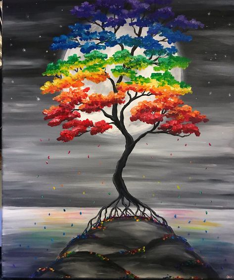 Original is hand painted on canvas. Rainbow bonsai tree, in a black and white setting. Full moon in background with rainbow blossoms falling. Prints of original are high quality, signed by Artist and matted for standard frames. All work is signed by Artist. Sharing A Rainbow Painting, Sharing A Rainbow Drawing, Tree Of Life Painting, Jellyfish Painting, Tree Of Life Art, Rainbow Tree, Wire Trees, Rainbow Painting, Canvas Painting Diy