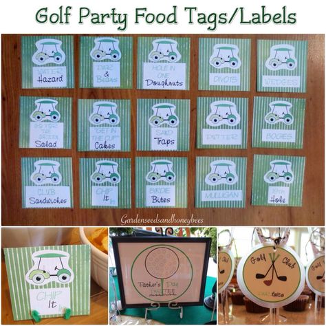 Golf Party Food Tags/Labels We used these at our golf party on Father’s Day. I hope you find them helpful and a fun addition to your next golf party. See the link below to make the banners, flags and other golf signs. Supplies needed: *12 x 12 Green Scrap Book Paper, or paper of your … Golf Food Puns, Golf Party Food Labels, Golf Party Food Ideas, Golf Themed Food, Golf Signs, Golf Theme Birthday, Golf Party Foods, Party Food Signs, Leprechaun Craft