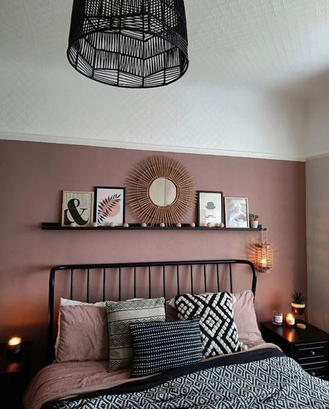 Rosewood Pink and Black Bedroom Design Shelf Over Bed, Ultimate Bedroom, Rooms Decoration, Art Shelf, Charming Aesthetic, Rooms Decor, Black Bedroom Furniture, Grasscloth Wallpaper, Spare Bedroom