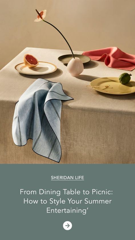 It’s all about summer tablescape ideas — casual yet cool, more focused on celebrating the friends and family you haven’t been able to have over properly in the longest time, than the perfect napkin origami. Napkin Origami, Plates Display, Table Napkin, Tablescape Ideas, How To Mix, Table Set Up, Summer Entertaining, Table Cloths, Plate Display