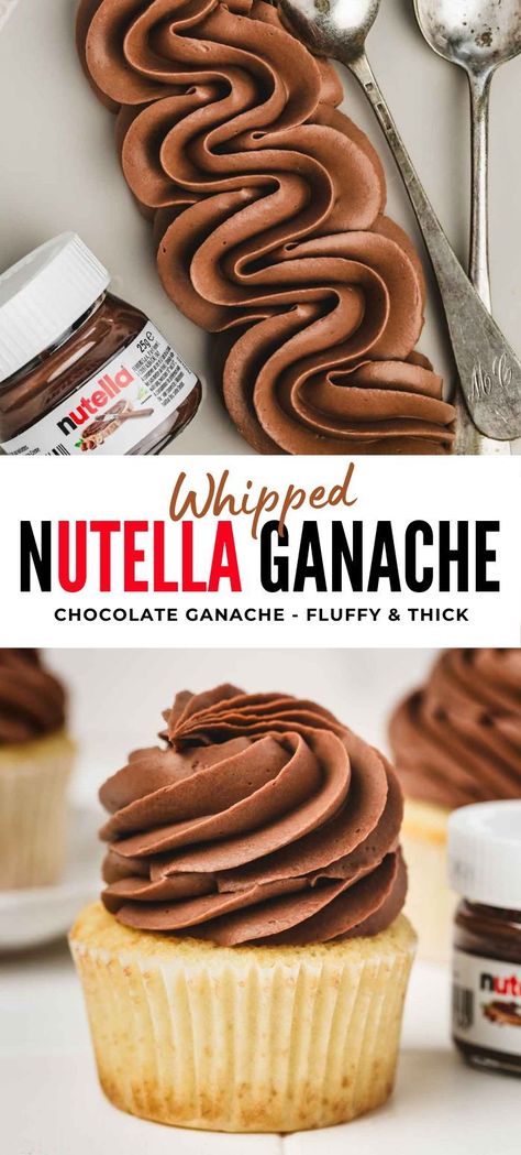 Surrender to temptation with our whipped chocolate Nutella ganache. An exquisite fusion of Nutella's velvety sweetness and the ethereal lightness of whipped ganache. Ideal for elevating your sweet creations, this indulgent cream is perfect for topping pies, eclairs, or simply savoring by the spoonful. Don't miss out on this flavorful experience! Perfect Frosting For Cupcakes, Chocolate Nutella Frosting, Chocolate Icing Designs, Nutella Mousse Filling, Nutella Whipped Cream Filling, Hazelnut Ganache Recipe, Whipped Chocolate Ganache Filling, Chocolate Hazelnut Ganache, Chocolate Cake With Nutella Filling