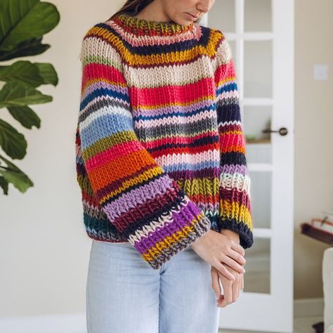 The perfect jumper to use all those little balls of yarn - create your very own individual sweater to waste less yarn! Chunky Scrap Yarn Sweater, Scrap Yarn Sweater, Balls Of Yarn, Knit Headband Pattern, Knitting Help, Jumper Knitting Pattern, Super Chunky Yarn, Big Knits, Chunky Knit Jumper