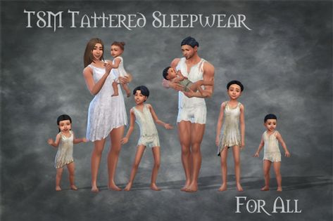 TSM Tattered Sleepwear - for all | Patreon Sims 4 Poor Cc, Poor Clothes, Sims 4 Male, Medieval Shirt, Sims 4 Decades Challenge, Sims Medieval, Sims Stories, Eden Dress, Long Pants Outfit