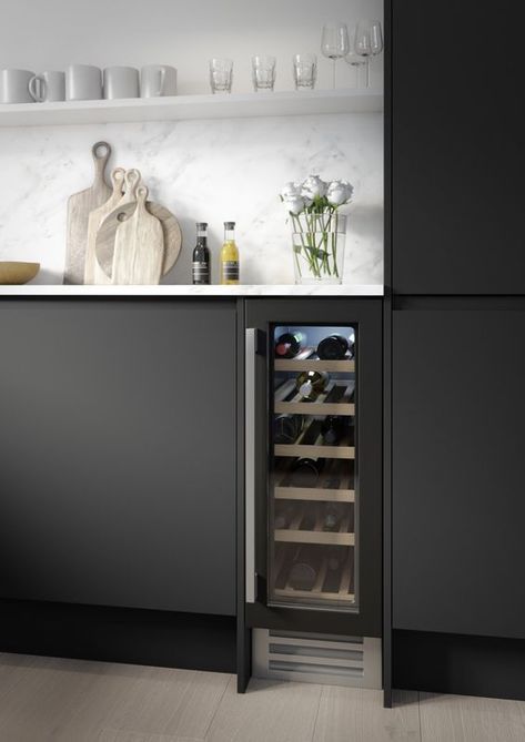 Luna Kitchen, Small Wine Fridge, Ultra Modern Kitchen, Kitchen Colour, Free Kitchen Design, Minimalist Kitchen Design, Wine Cabinet, Grey Kitchens, Wine Cabinets