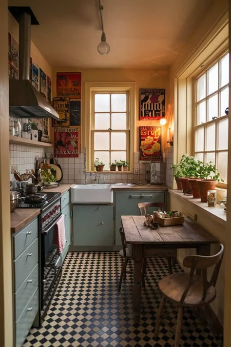 Small Kitchen Country Style, French Small Kitchen, Small Cottage Kitchen Design, Kitchen Design Eclectic, Cozy Eclectic Home Kitchen, Cozy Eclectic Kitchen, Eclectic Cottage Kitchen, Small Eat In Kitchen Ideas Layout, French Kitchen Aesthetic