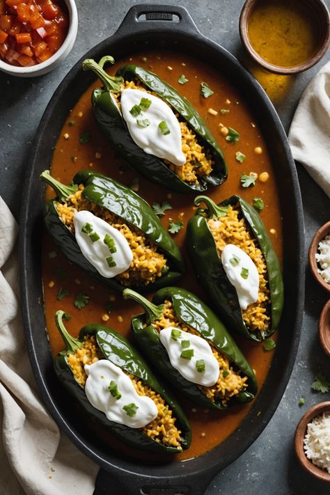 A photo of a  Chiles Rellenos which is a type of mexican sides dishes Mexican Veggie Sides, Mexican Christmas Dishes, Latin Thanksgiving Dishes, Sides For A Party, Mexican Bbq Ideas, Mexican Thanksgiving Dinner, Grilled Street Corn, Latin Christmas, Mexican Thanksgiving