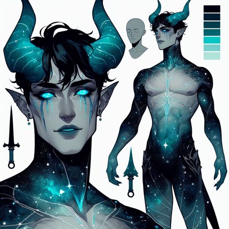 Blue Demon Character Design, Hybrid Creatures Human, Alien Man Art, Sobbing Drawing Reference, Demon Boy Aesthetic, Levistus Tiefling, Monster Male Oc, Male Alien Oc, Tiefling Barbarian Male