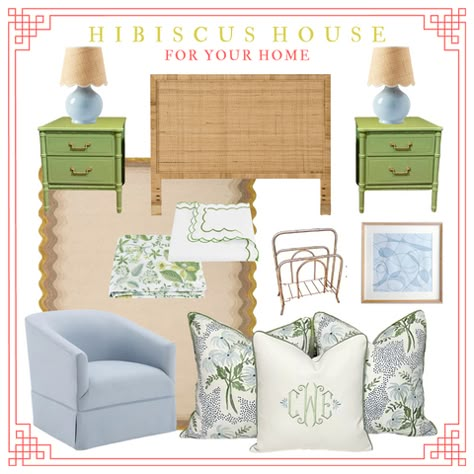 Hibiscus House For Your Home Blue Green Room Bedrooms, Light Blue And Green Interior Design, Grand Millennial Bedroom Blue And Green, Lacquered Furniture Bedroom, Green And Blue Coastal Bedroom, Grandmillennial Bedroom Green, Green And Blue Grand Millenial, Light Green Coastal Bedroom, Coastal Grand Millennial Bedroom