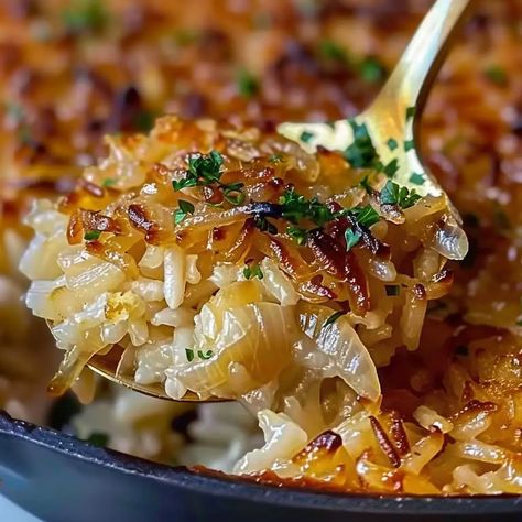 French Onion Butter Rice - NorthEast Nosh Recipes Baked French Onion Rice, Onion Butter Rice, French Onion Butter Rice, Golden Onion Butter Rice, French Onion Short Rib Soup, French Onion Rice Casserole, Ribs And Side Dishes, French Onion Rice Recipe, Side Items For Dinner