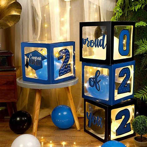 College Party Decor, Graduation Activities, Balloon Boxes, Blue Graduation Party, Graduation Box, Box Decorations, Gold Foil Balloons, Transparent Balloons, Blue Graduation