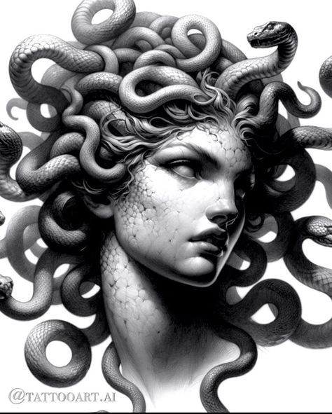 Medusa Artwork, Ink Tattoo Design, Greek God Tattoo, Red Tattoo Ideas, Red Ink Tattoo, Medusa Tattoo Design, Medusa Gorgon, Medusa Art, Statue Tattoo