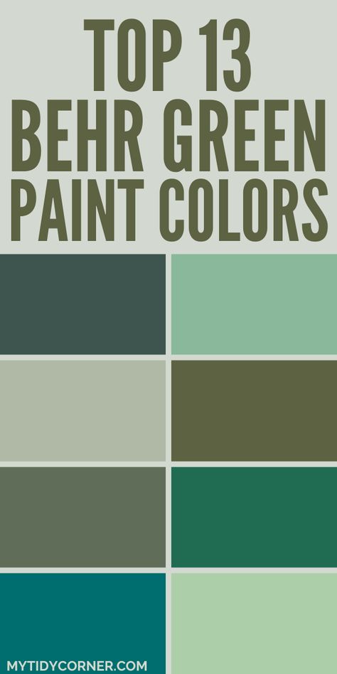 Collage of the top green paint colors by Behr. Beach Green Paint Colors, Best Behr Greens, Rooms Painted Green, Behr Green Paints, Light Green Exterior House Colors, Mint Green Paint Color, Behr Green Paint, Green Kitchen Paint Colors, Behr Green Paint Colors