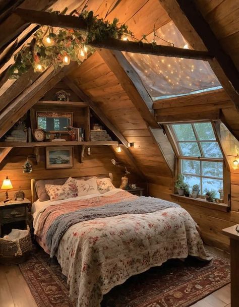 Witch Cabin Interior, Cozy Cabin Loft Bedroom, Cottage In The Woods Interior, Boho Cabin Bedroom, Cozy Cabin In The Woods Interiors, Cool Cozy Cabin Beds, Cabins In The Woods Interior, Cottagecore Attic, Snowy Cabin Bedroom