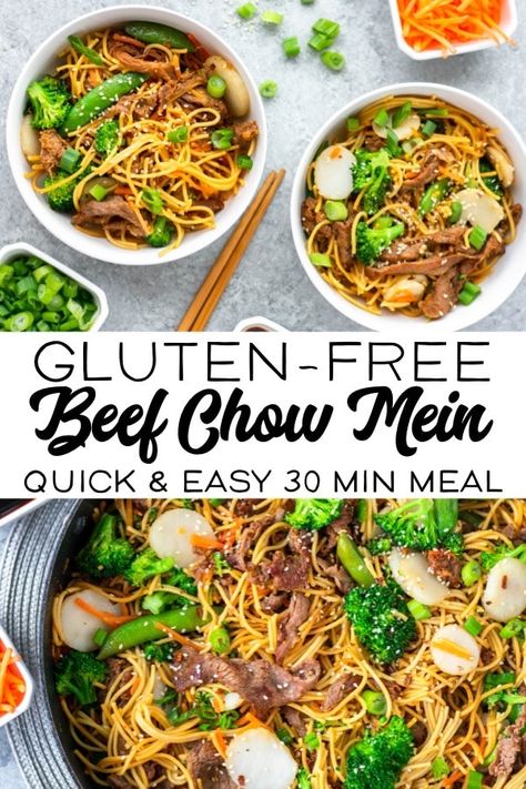 This recipe for beef chow mein is quick and easy and perfect for weeknight dinners. It's gluten free and a healthy alternative to Chinese takeout. #glutenfree #healthyrecipes #beefchowmein Gluten Free Chinese Food, Beef Chow Mein, Gluten Free Chinese, Chow Mein Recipe, 30 Min Meals, Gluten Free Noodles, Chinese Takeout, Simple Dinner, Gluten Free Recipes For Dinner