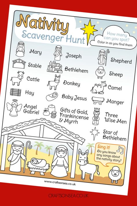 FREE Printable Nativity Scavenger Hunt Nativity Activity For Kids, Nativity Free Printable, Nativity Activities For Toddlers, Christmas Sunday School Activities, Nativity Activities Preschool, Nativity Sensory Bin, Nativity Treasure Hunt, Preschool Nativity Activities, Advent For Preschoolers